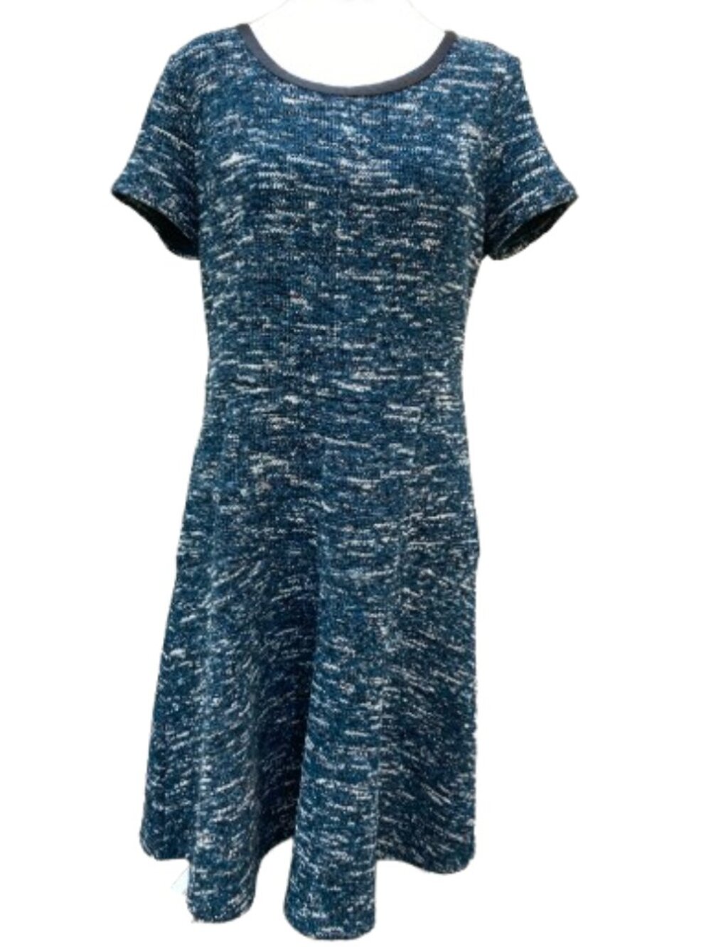 Talbots Marled Tweed SS Dress Fit and Flare Faux Leather Trim Career Teal, sz 14
